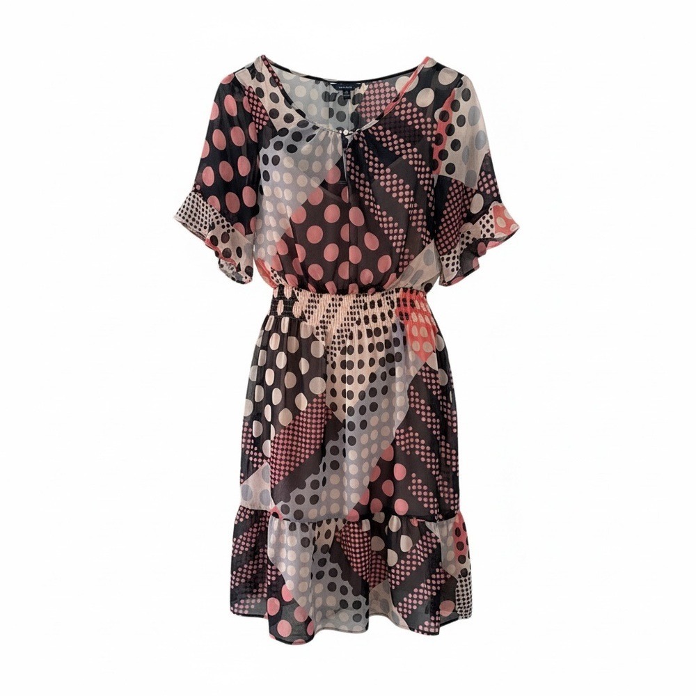 Nautica Womens Polka Dot Chiffon Smocked Waist Dress Navy Pink 15D330 Medium‎